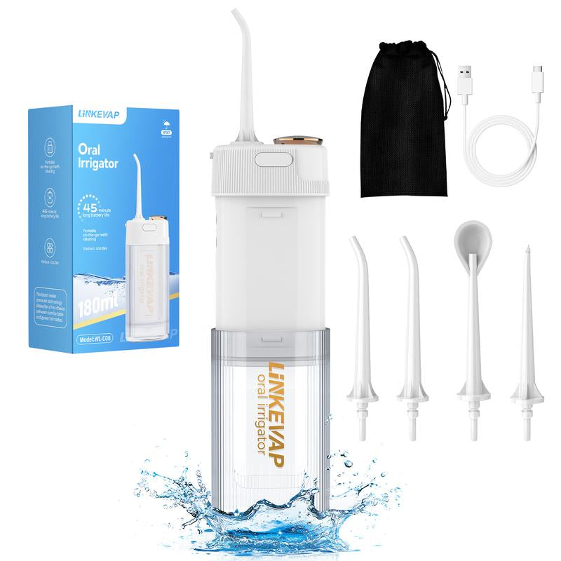 LINKEVAP Mini Water Flosser & Rechargeable Portable Oral Irrigator - Suitable for Travel and Business, Comes with 4 Nozzles & Detachable Water Tank